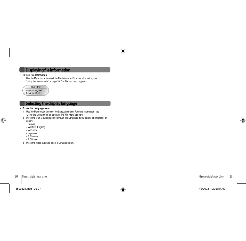 Selecting the display language, Displaying file information | Gateway 3-IN-1 Digital Music Player User Manual | Page 14 / 29