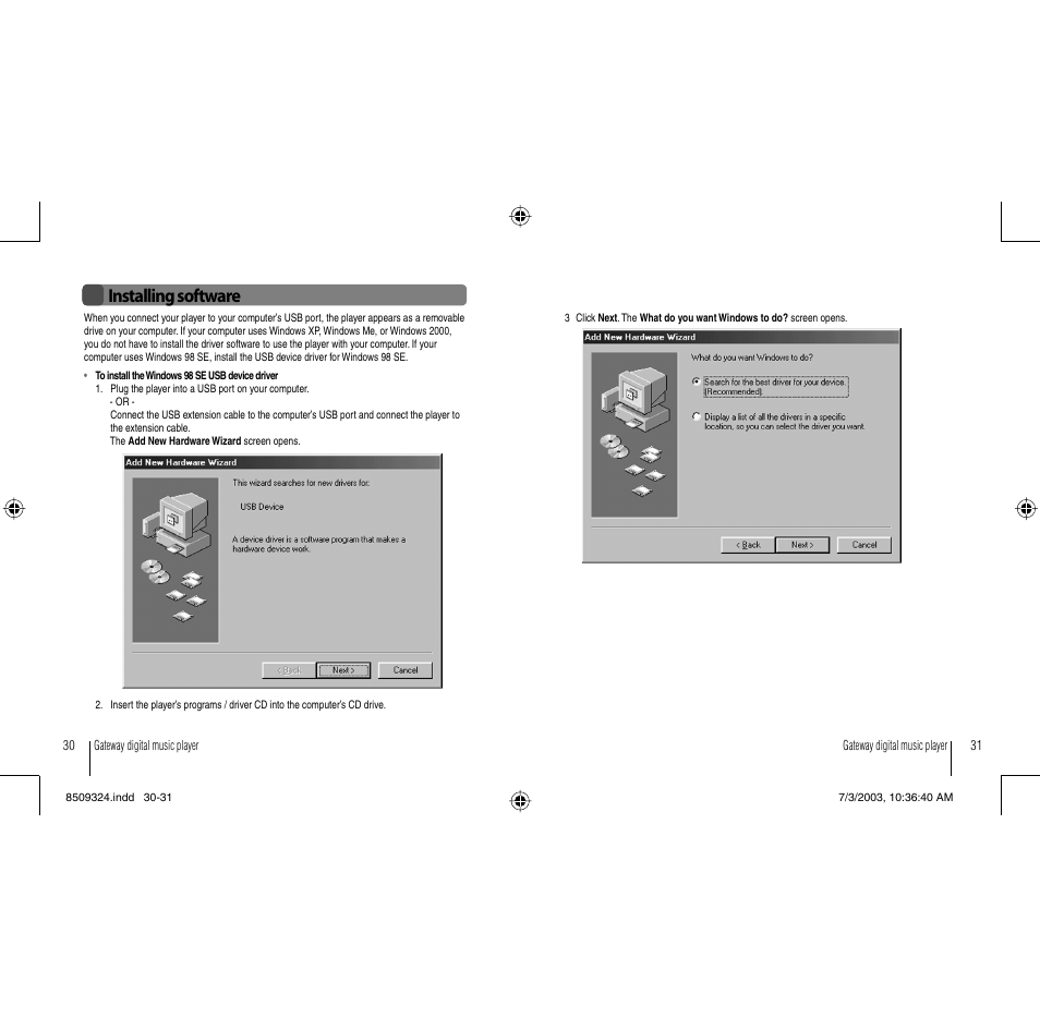 Installing software | Gateway 3-IN-1 Digital Music Player User Manual | Page 16 / 29