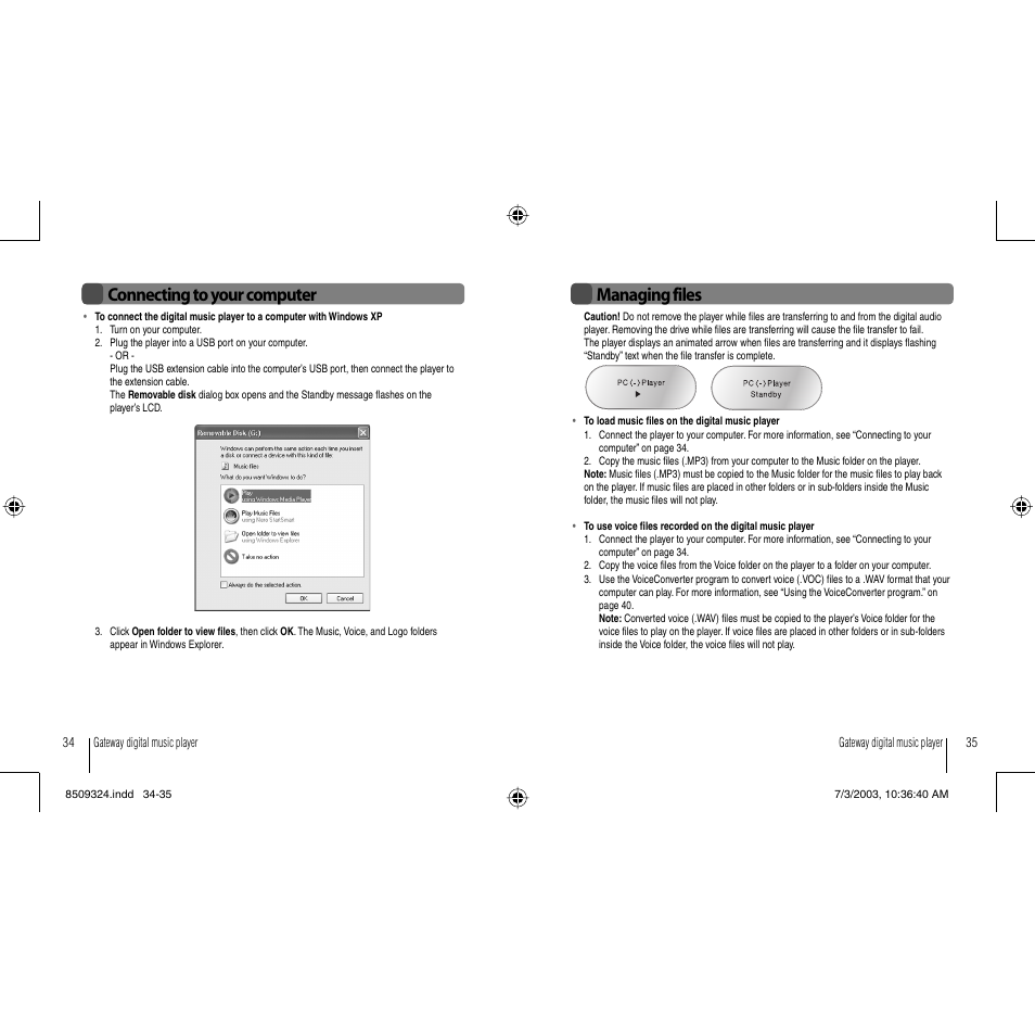 Connecting to your computer managing files | Gateway 3-IN-1 Digital Music Player User Manual | Page 18 / 29