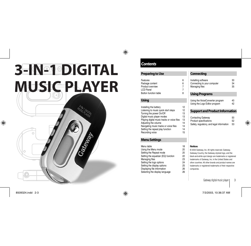 Gateway 3-IN-1 Digital Music Player User Manual | Page 2 / 29