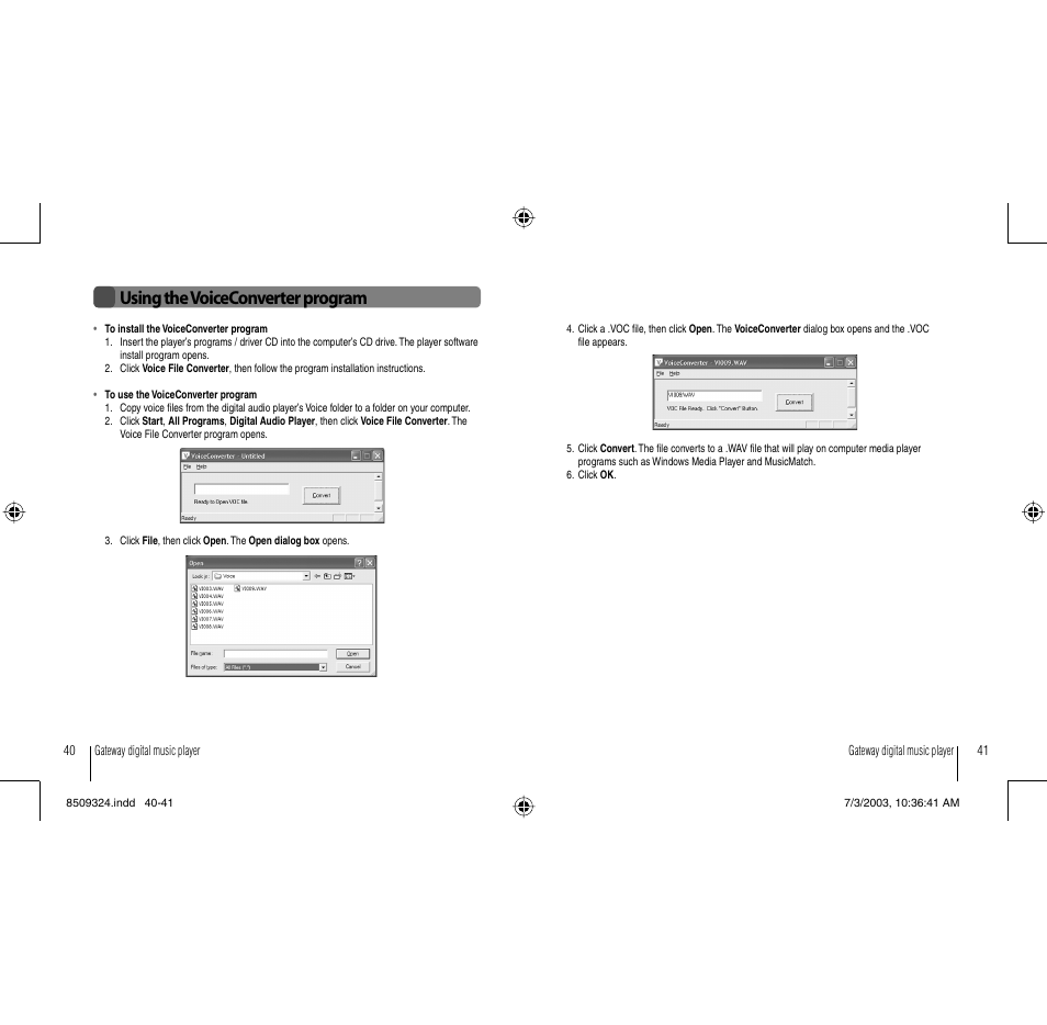 Using the voiceconverter program | Gateway 3-IN-1 Digital Music Player User Manual | Page 21 / 29