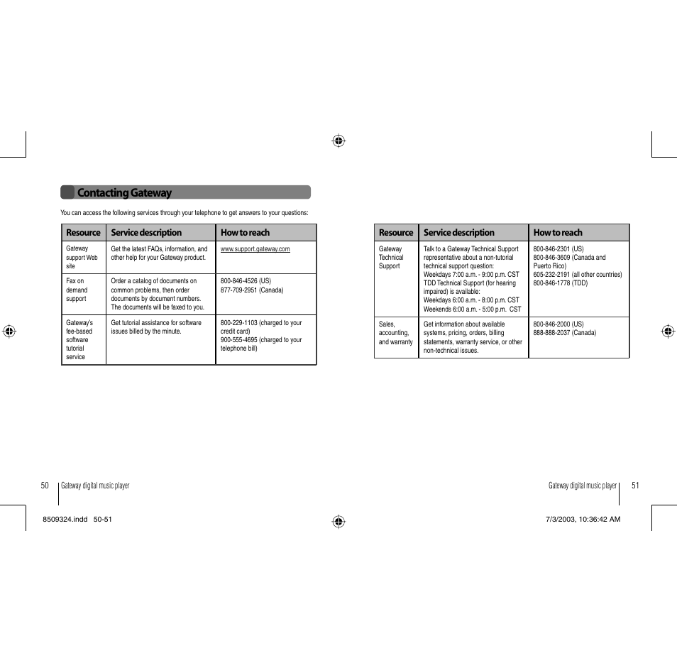 Contacting gateway | Gateway 3-IN-1 Digital Music Player User Manual | Page 26 / 29