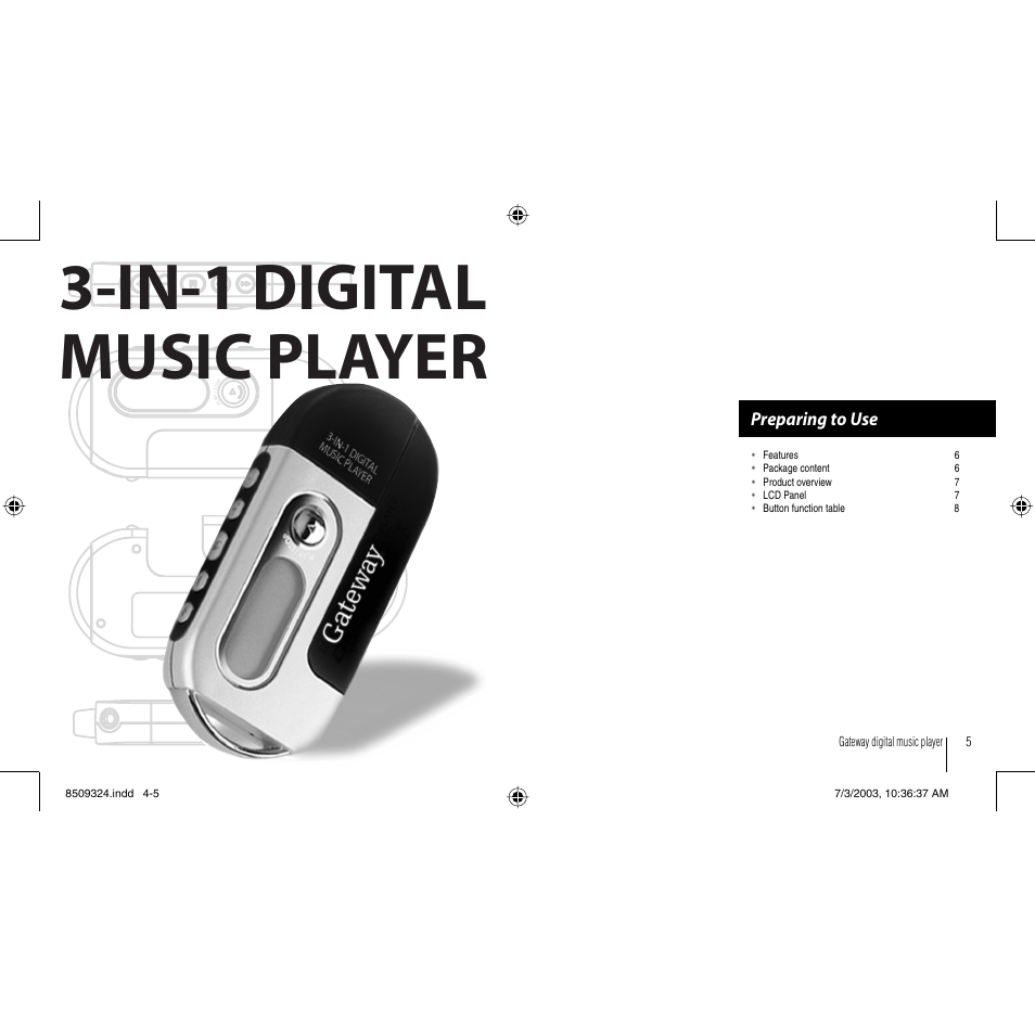 In-1 digital music player, Preparing to use | Gateway 3-IN-1 Digital Music Player User Manual | Page 3 / 29
