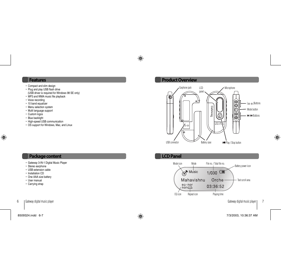 Features, Package content product overview lcd panel | Gateway 3-IN-1 Digital Music Player User Manual | Page 4 / 29