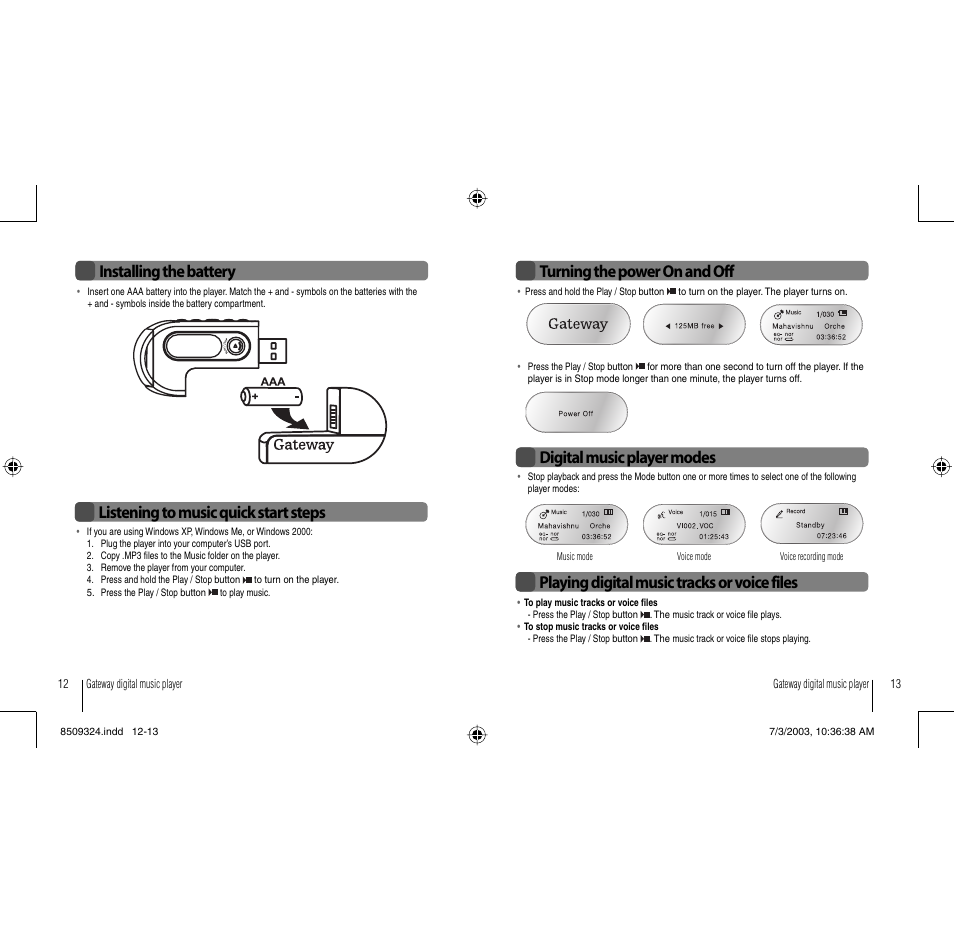 Installing the battery, Digital music player modes, Listening to music quick start steps | Gateway 3-IN-1 Digital Music Player User Manual | Page 7 / 29