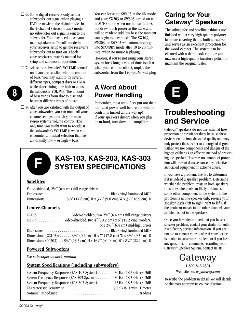 Troubleshooting and service, Caring for your gateway, Speakers | A word about power handling | Gateway kas103 User Manual | Page 8 / 8