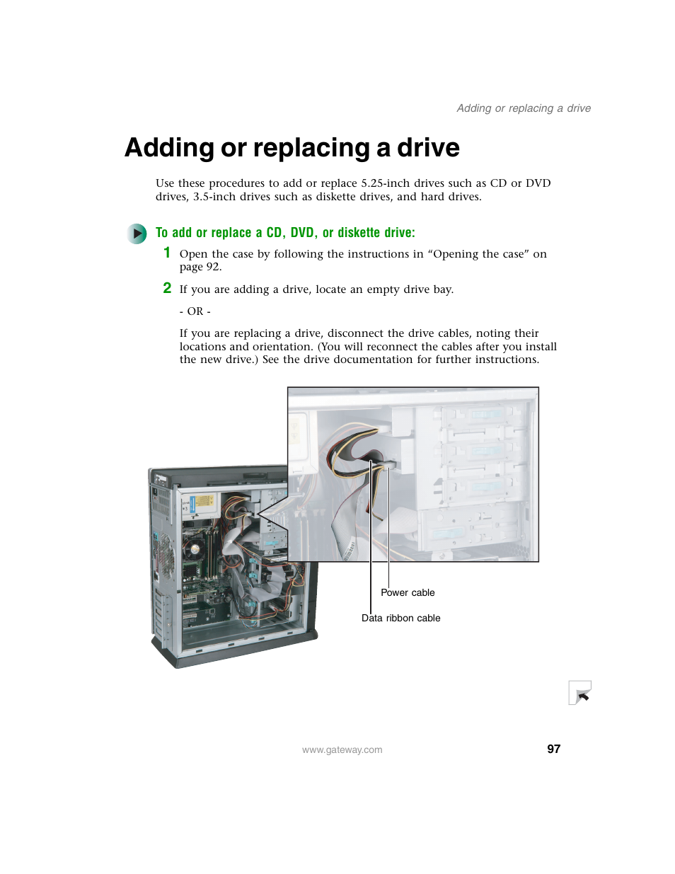Adding or replacing a drive | Gateway E SERIES E-6000 User Manual | Page 103 / 190
