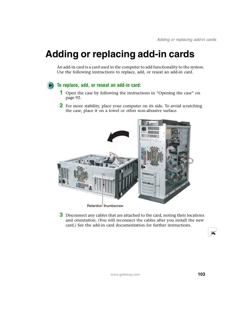Adding or replacing add-in cards | Gateway E SERIES E-6000 User Manual | Page 109 / 190