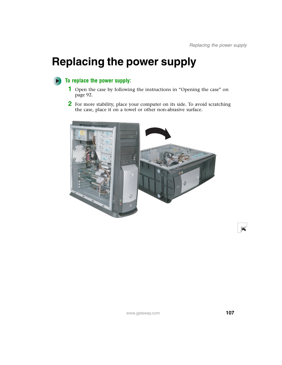 Replacing the power supply | Gateway E SERIES E-6000 User Manual | Page 113 / 190