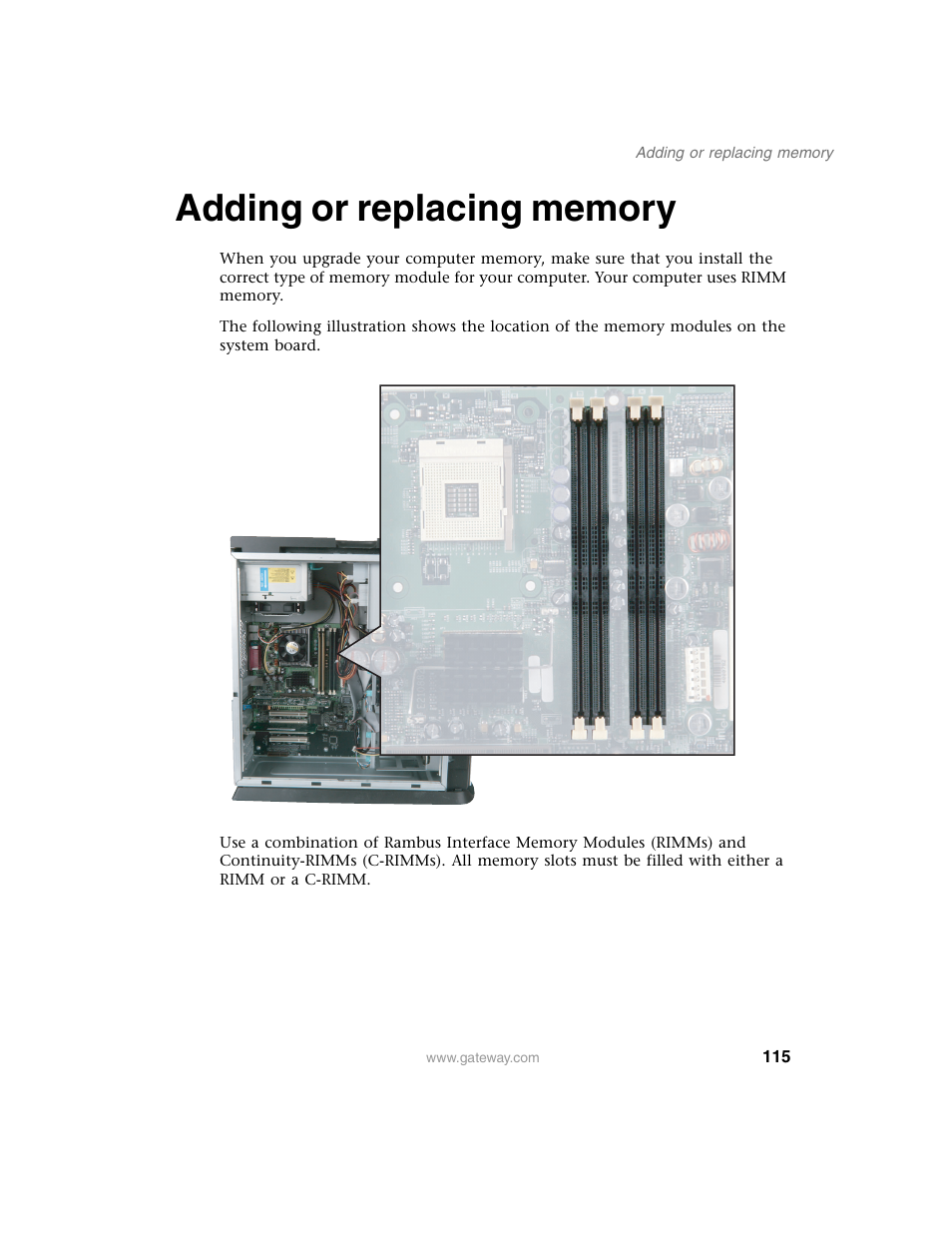 Adding or replacing memory | Gateway E SERIES E-6000 User Manual | Page 121 / 190