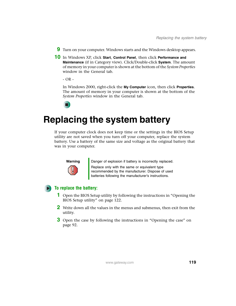 Replacing the system battery | Gateway E SERIES E-6000 User Manual | Page 125 / 190