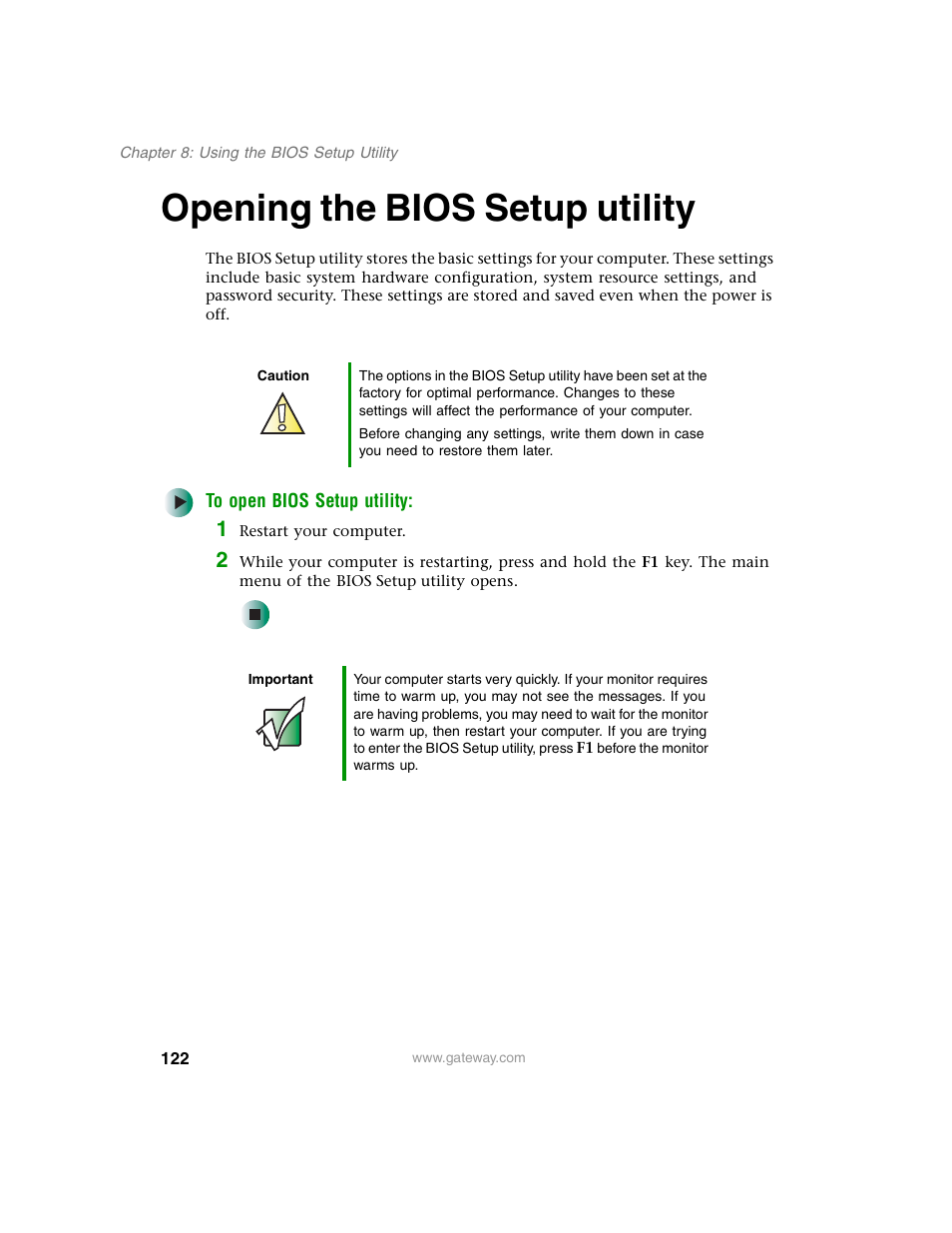 Opening the bios setup utility | Gateway E SERIES E-6000 User Manual | Page 128 / 190