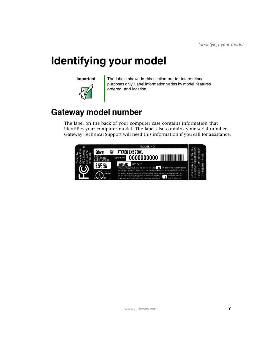 Identifying your model, Gateway model number | Gateway E SERIES E-6000 User Manual | Page 13 / 190