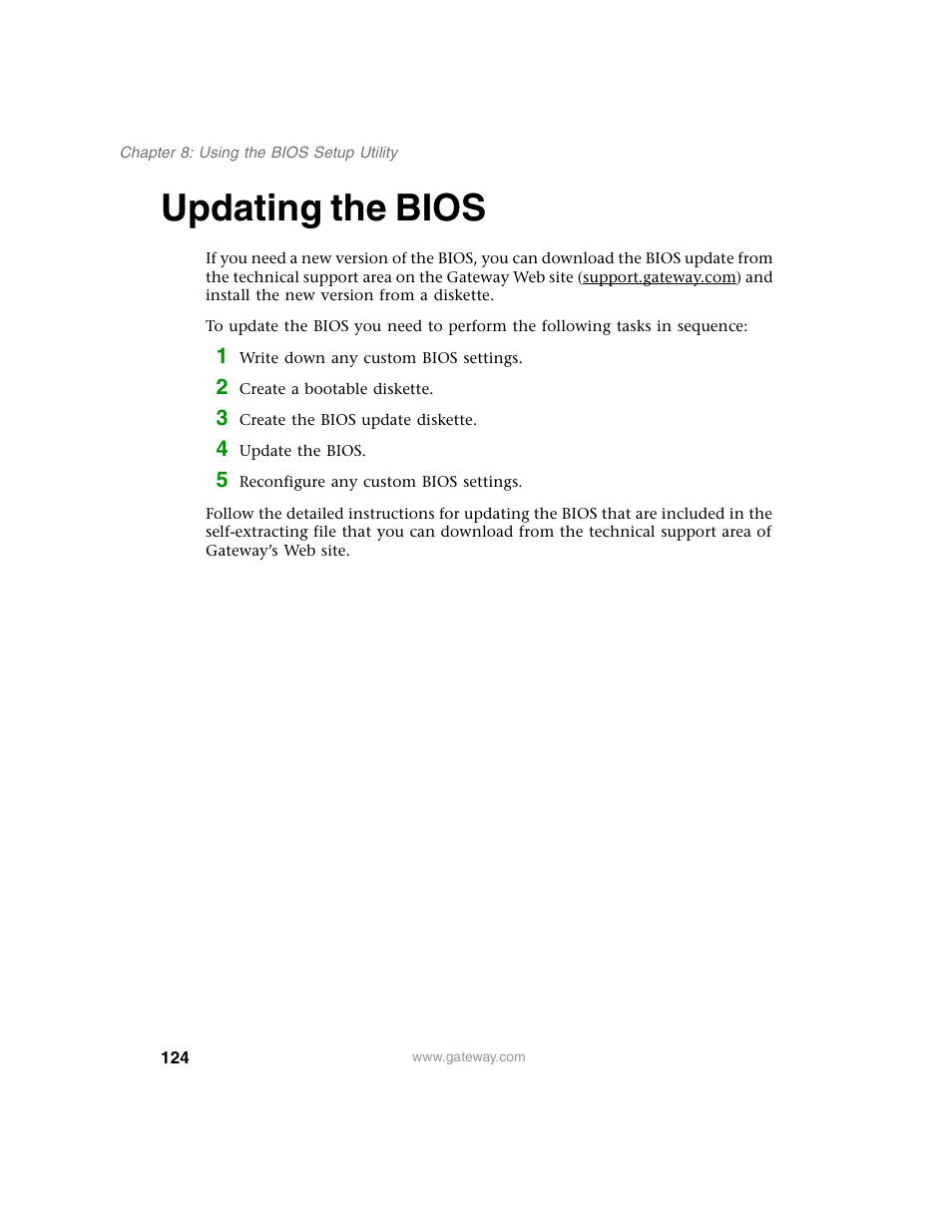 Updating the bios | Gateway E SERIES E-6000 User Manual | Page 130 / 190