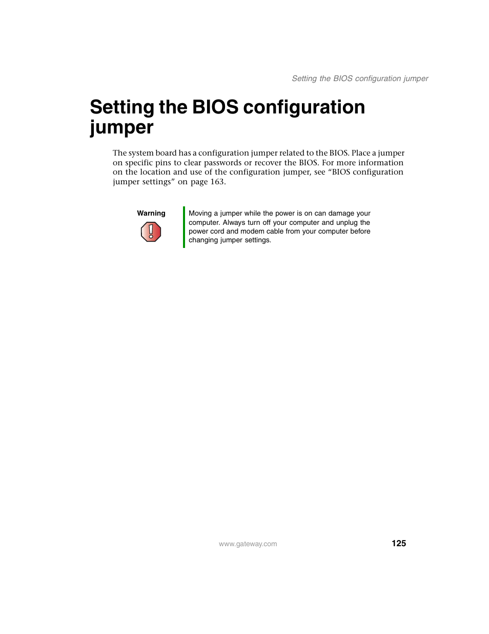 Setting the bios configuration jumper | Gateway E SERIES E-6000 User Manual | Page 131 / 190