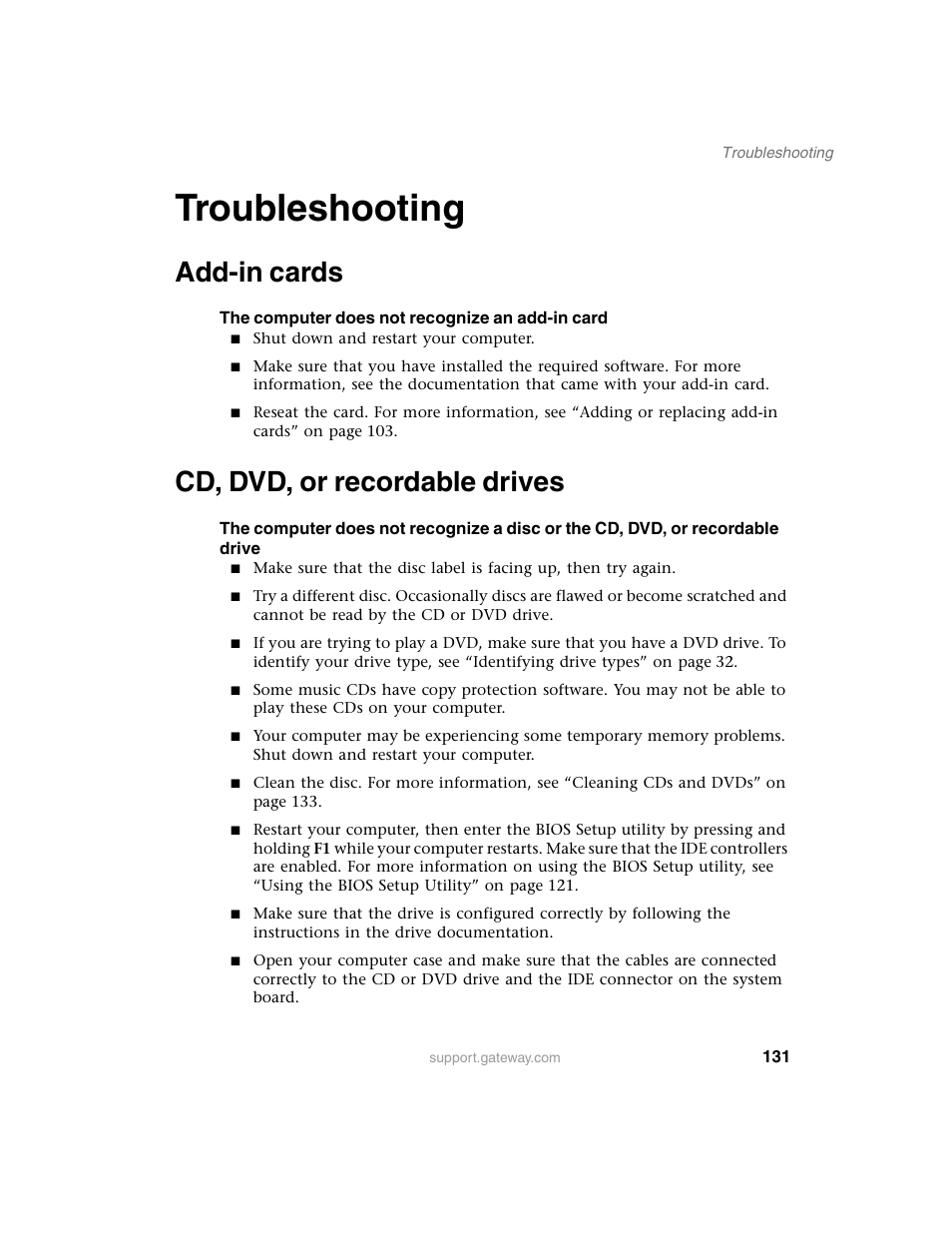 Troubleshooting, Add-in cards, Cd, dvd, or recordable drives | Add-in cards cd, dvd, or recordable drives | Gateway E SERIES E-6000 User Manual | Page 137 / 190