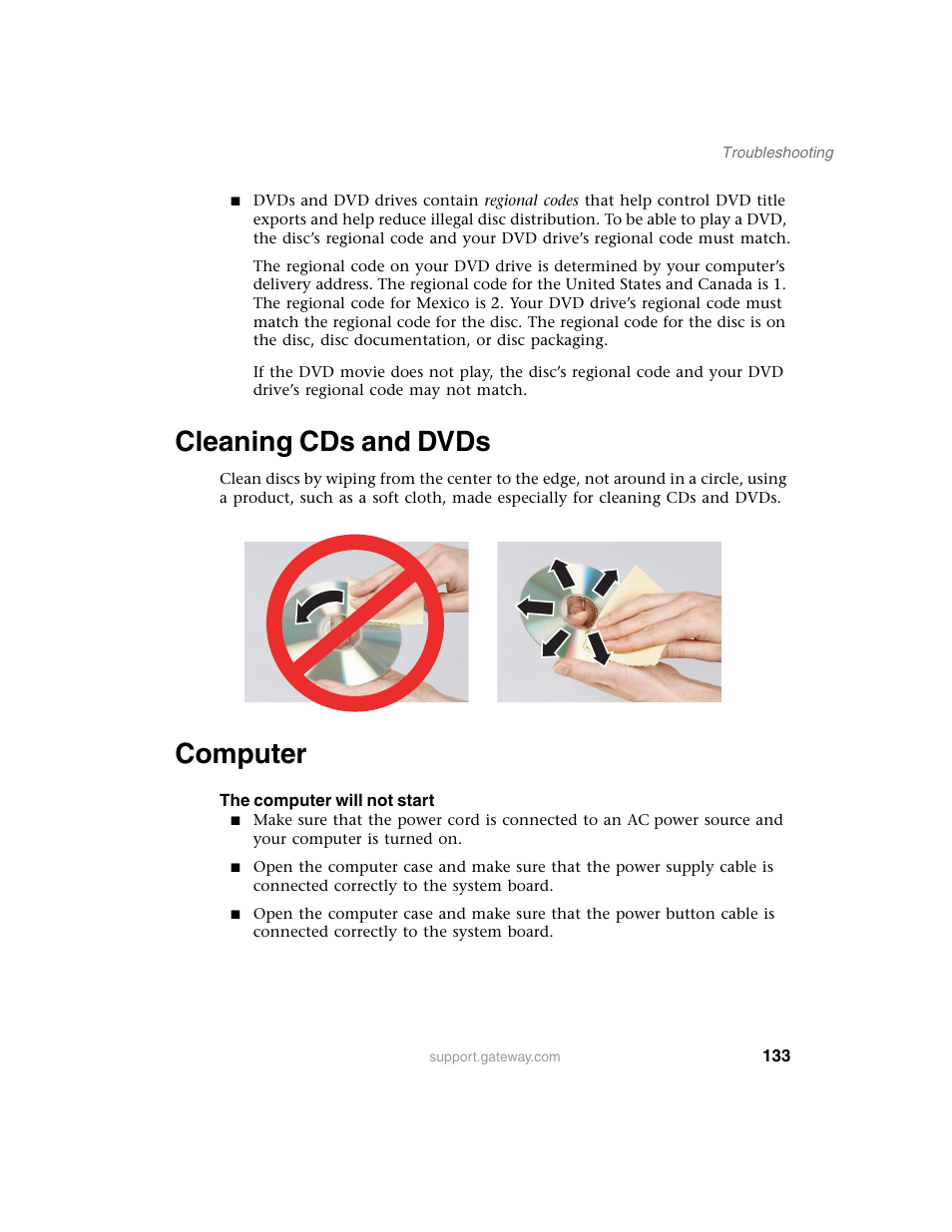 Cleaning cds and dvds, Computer, Cleaning cds and dvds computer | Gateway E SERIES E-6000 User Manual | Page 139 / 190