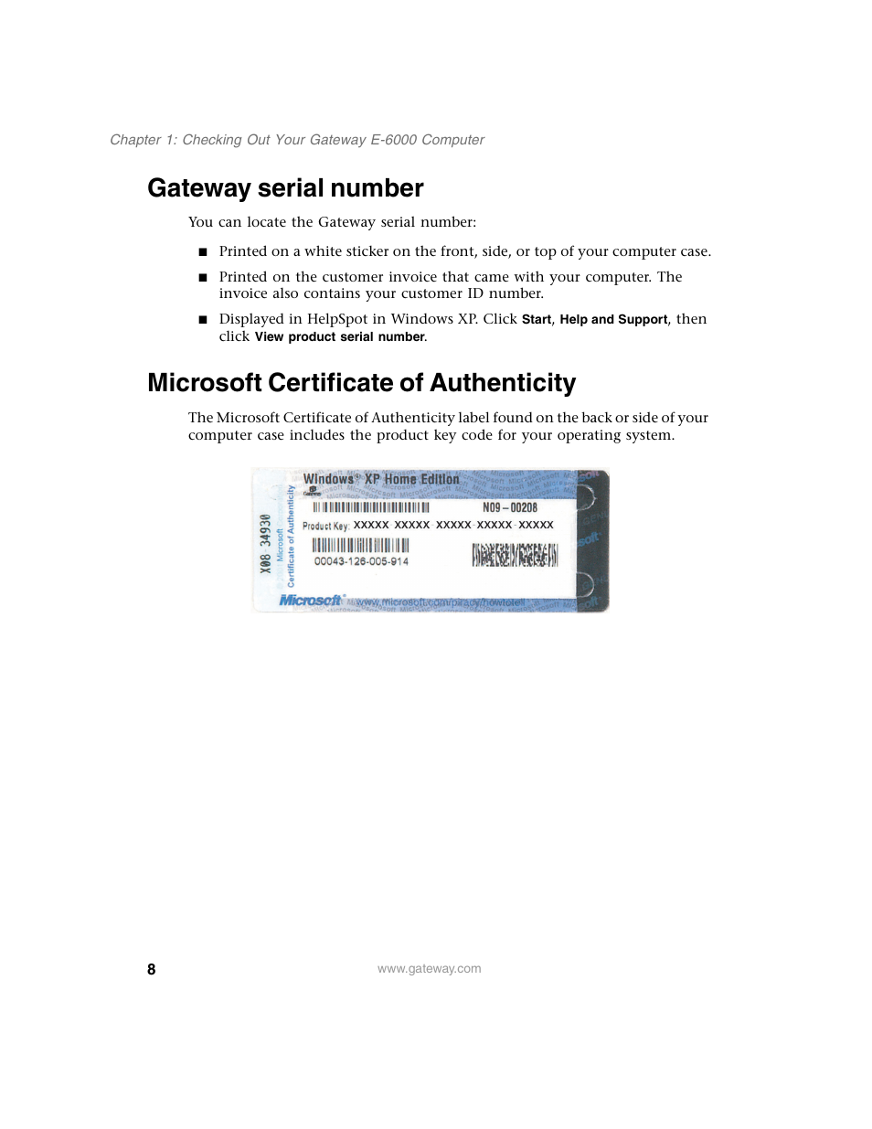 Gateway serial number, Microsoft certificate of authenticity | Gateway E SERIES E-6000 User Manual | Page 14 / 190