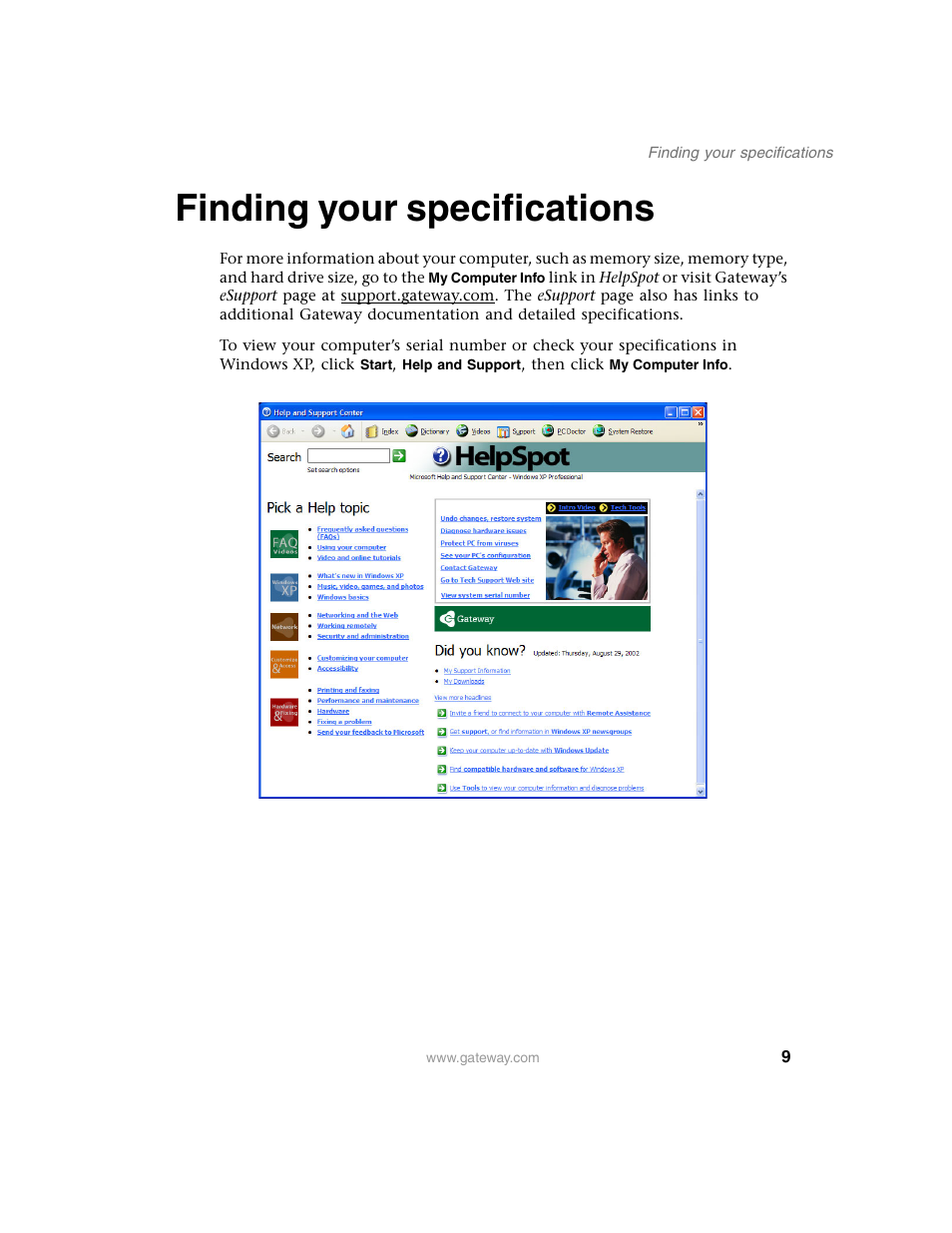 Finding your specifications | Gateway E SERIES E-6000 User Manual | Page 15 / 190