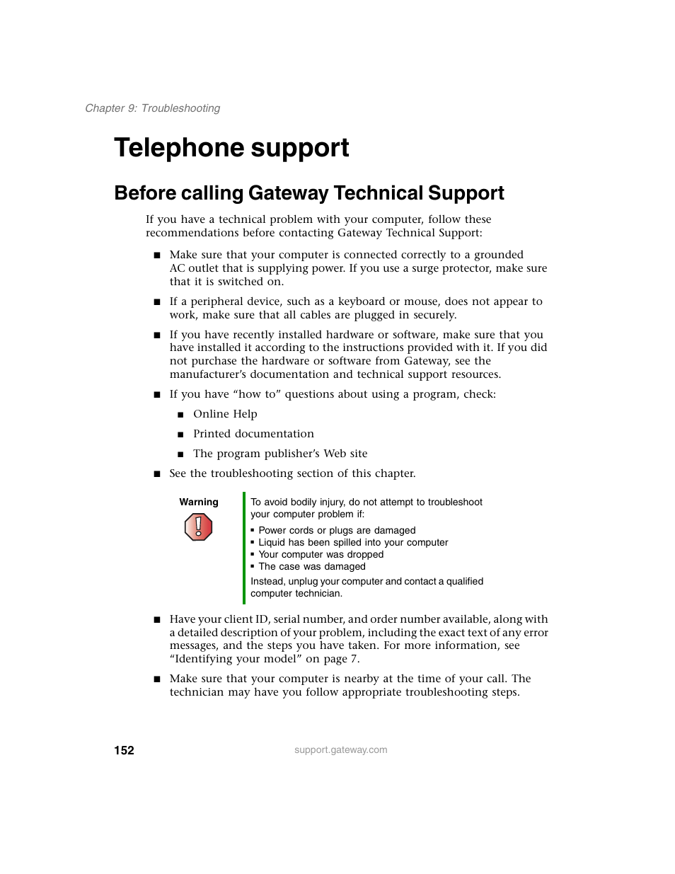 Telephone support, Before calling gateway technical support | Gateway E SERIES E-6000 User Manual | Page 158 / 190