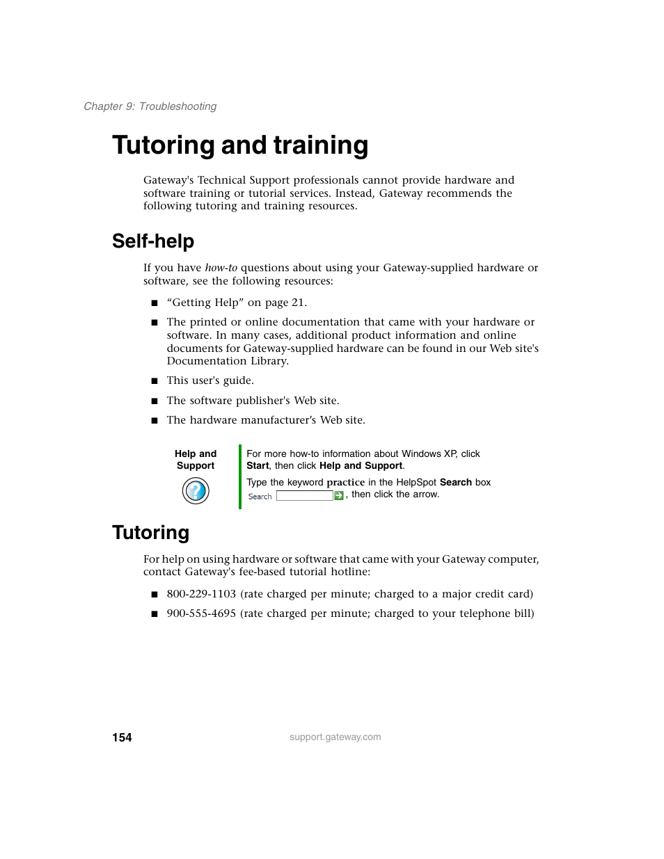 Tutoring and training, Self-help, Tutoring | Self-help tutoring | Gateway E SERIES E-6000 User Manual | Page 160 / 190