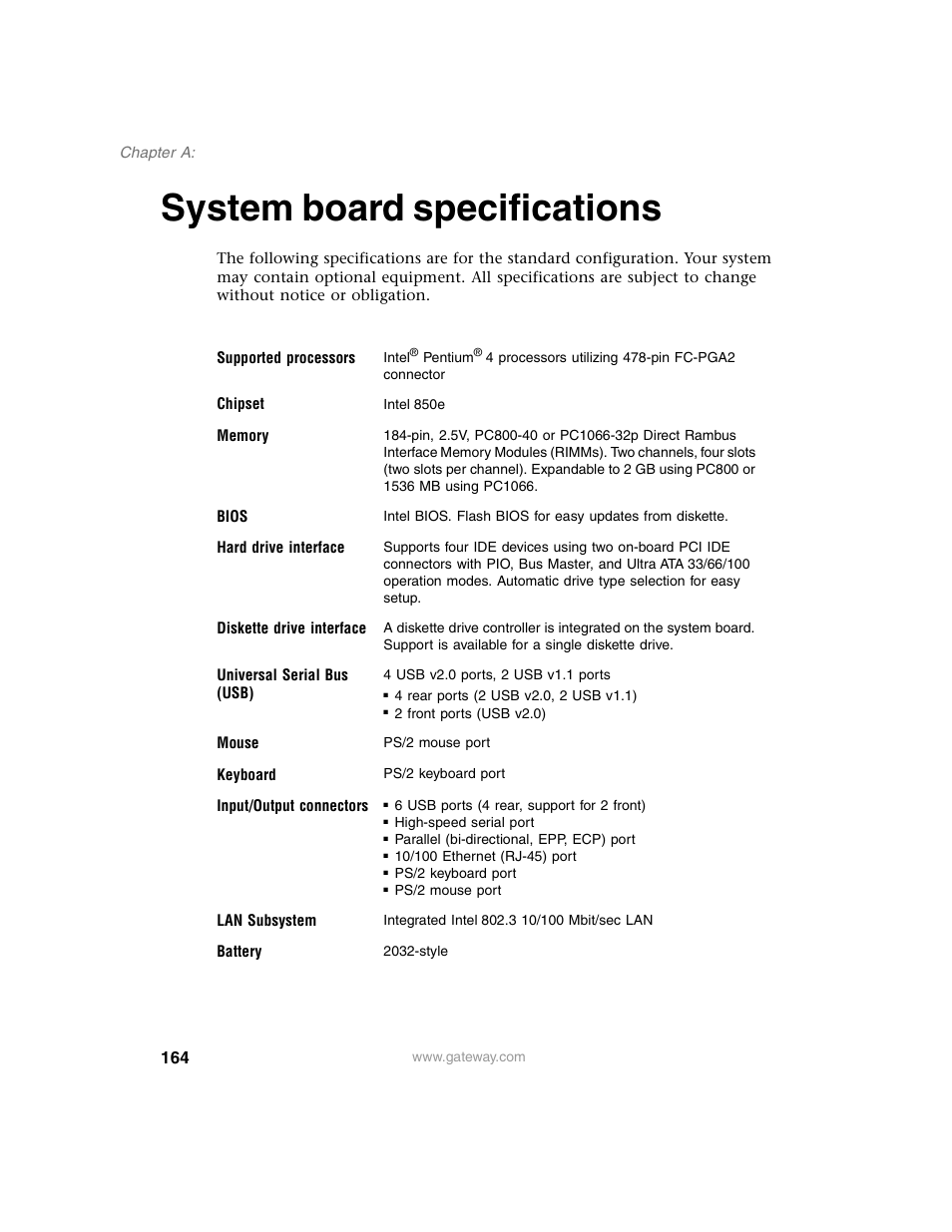 System board specifications | Gateway E SERIES E-6000 User Manual | Page 170 / 190