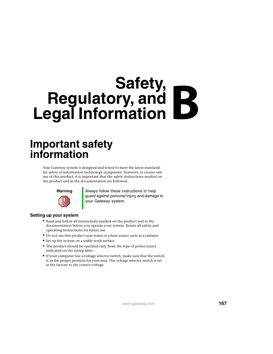 Safety, regulatory, and legal information, Important safety information | Gateway E SERIES E-6000 User Manual | Page 173 / 190