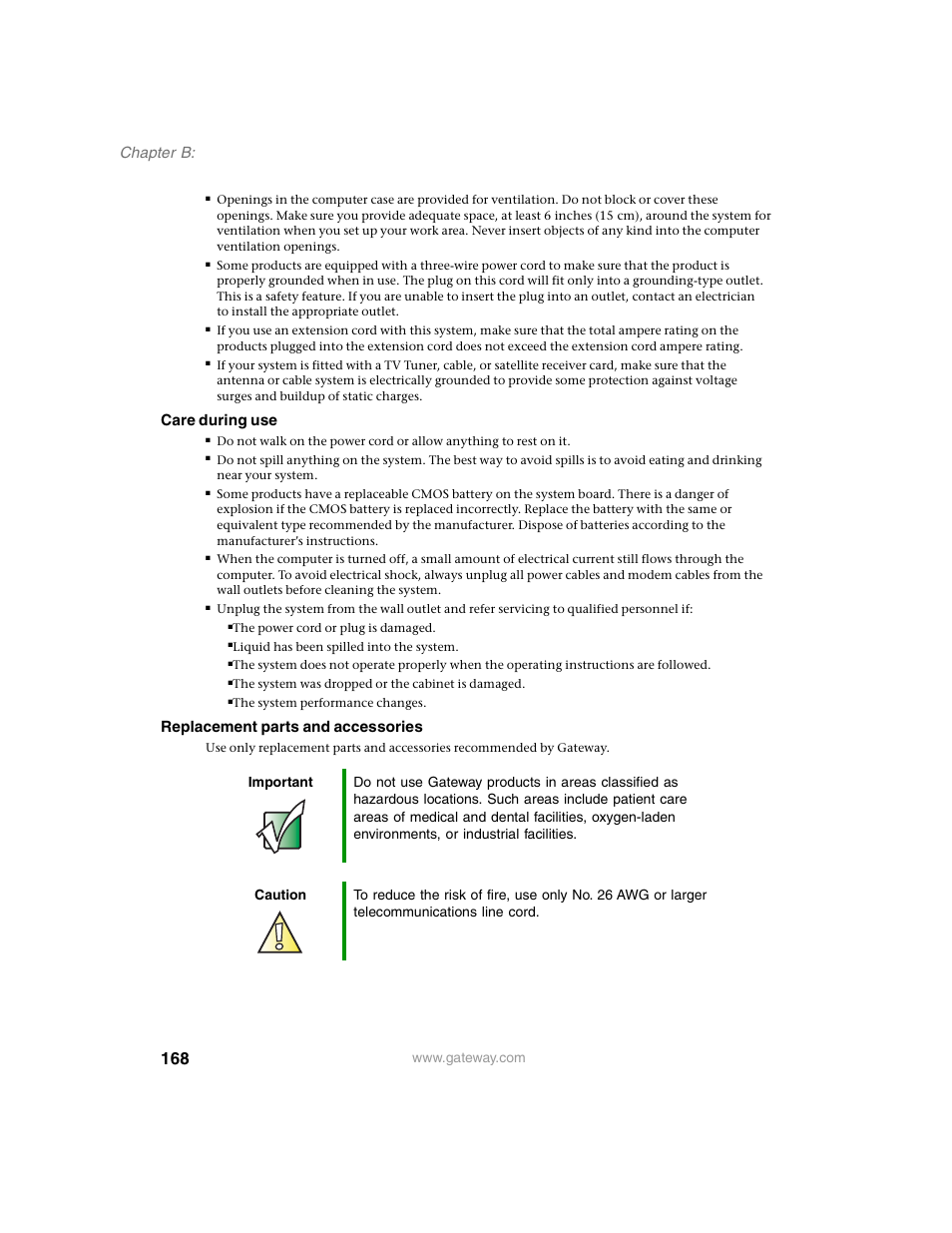 Chapter b, Care during use, Replacement parts and accessories | Gateway E SERIES E-6000 User Manual | Page 174 / 190