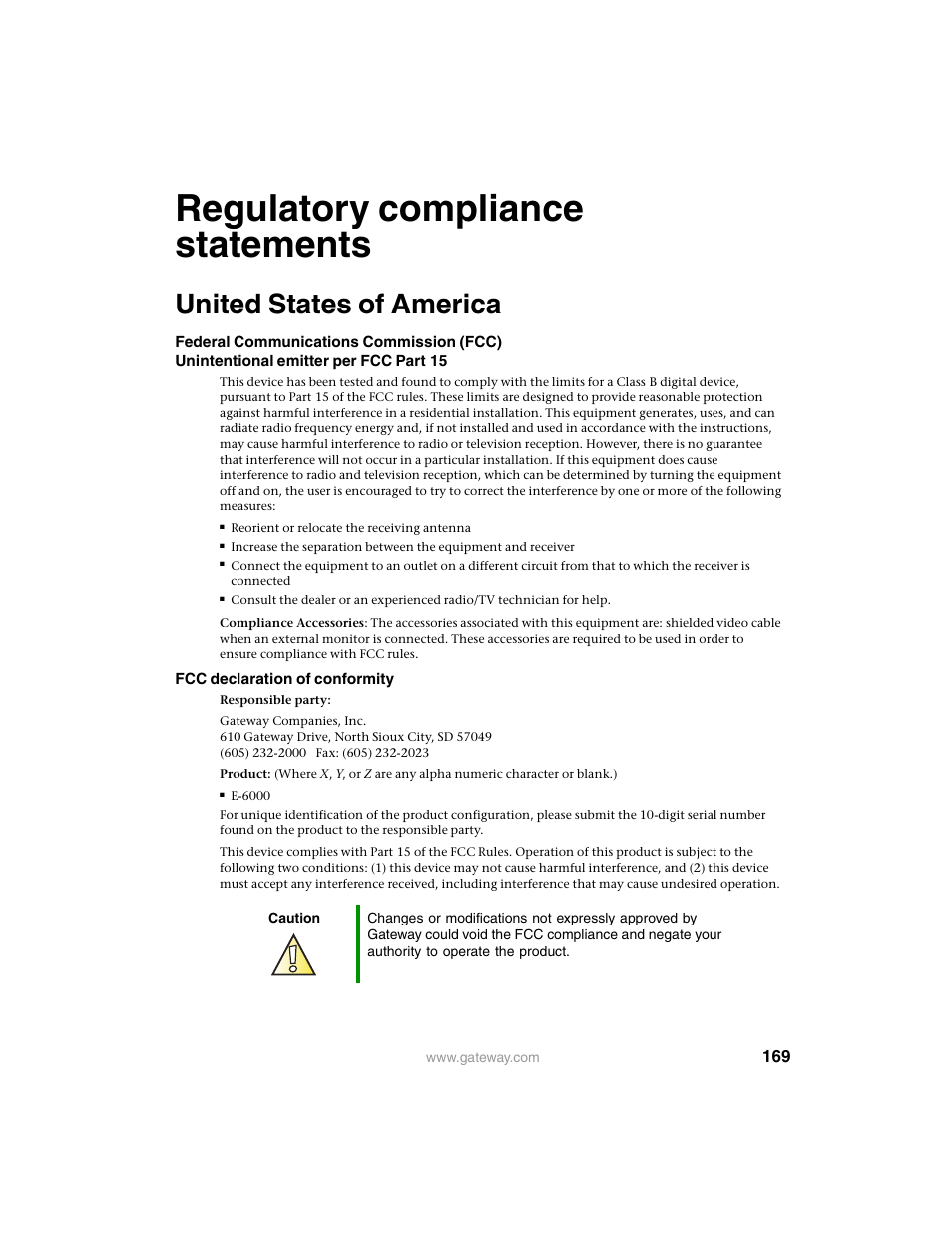 Regulatory compliance statements, United states of america | Gateway E SERIES E-6000 User Manual | Page 175 / 190