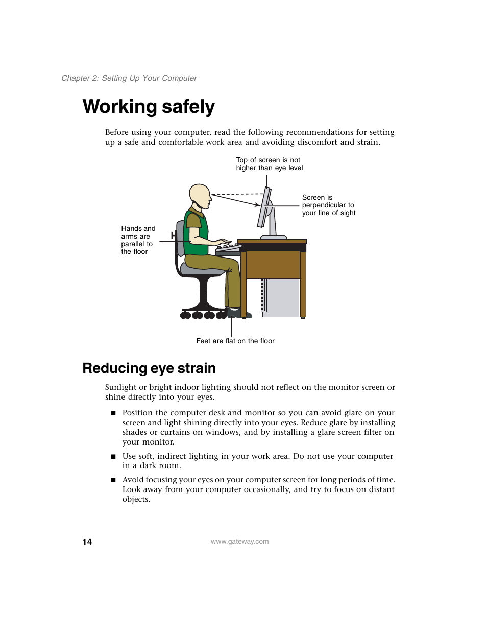 Working safely, Reducing eye strain | Gateway E SERIES E-6000 User Manual | Page 20 / 190