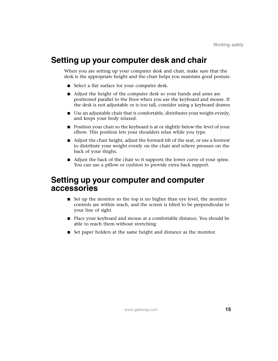 Setting up your computer desk and chair, Setting up your computer and computer accessories | Gateway E SERIES E-6000 User Manual | Page 21 / 190