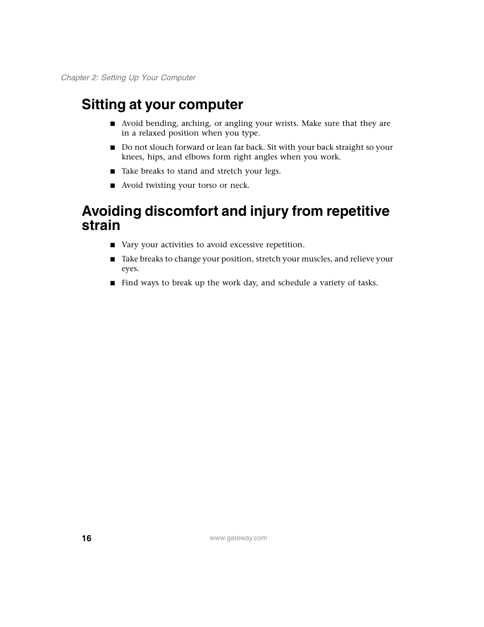 Sitting at your computer | Gateway E SERIES E-6000 User Manual | Page 22 / 190