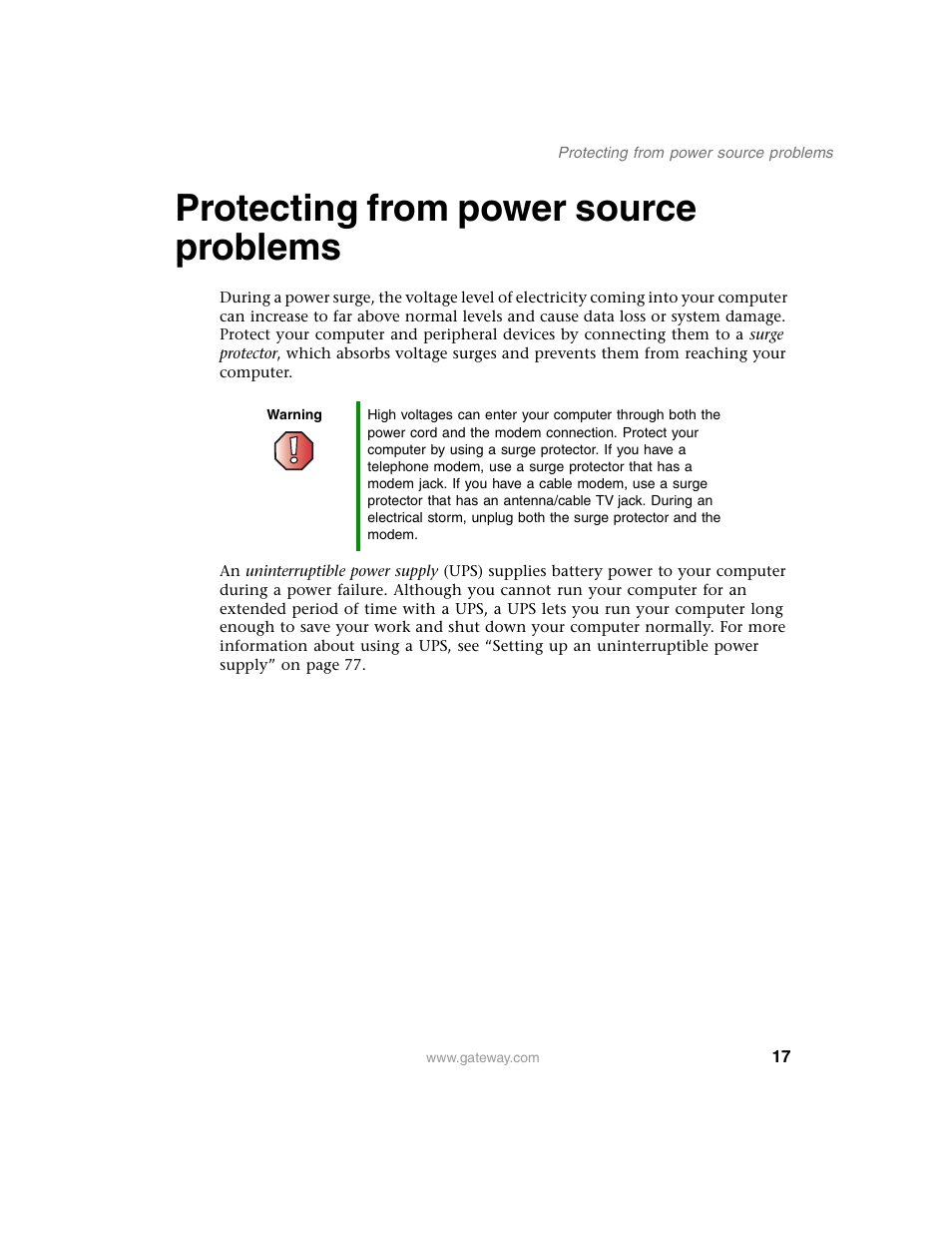 Protecting from power source problems | Gateway E SERIES E-6000 User Manual | Page 23 / 190