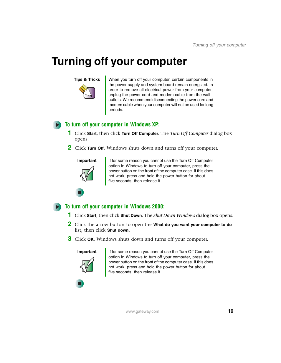 Turning off your computer | Gateway E SERIES E-6000 User Manual | Page 25 / 190