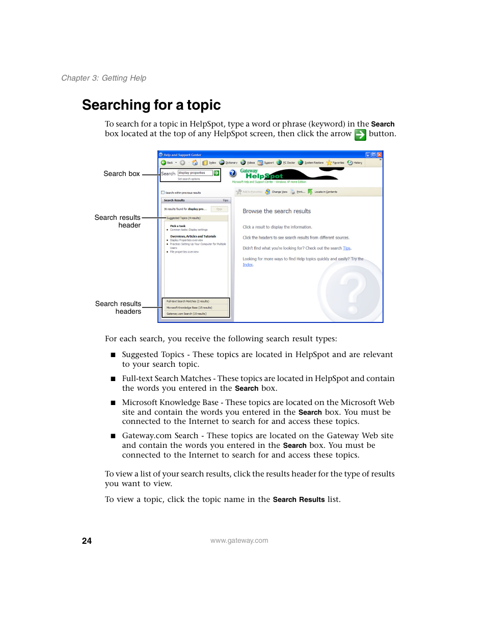 Searching for a topic | Gateway E SERIES E-6000 User Manual | Page 30 / 190