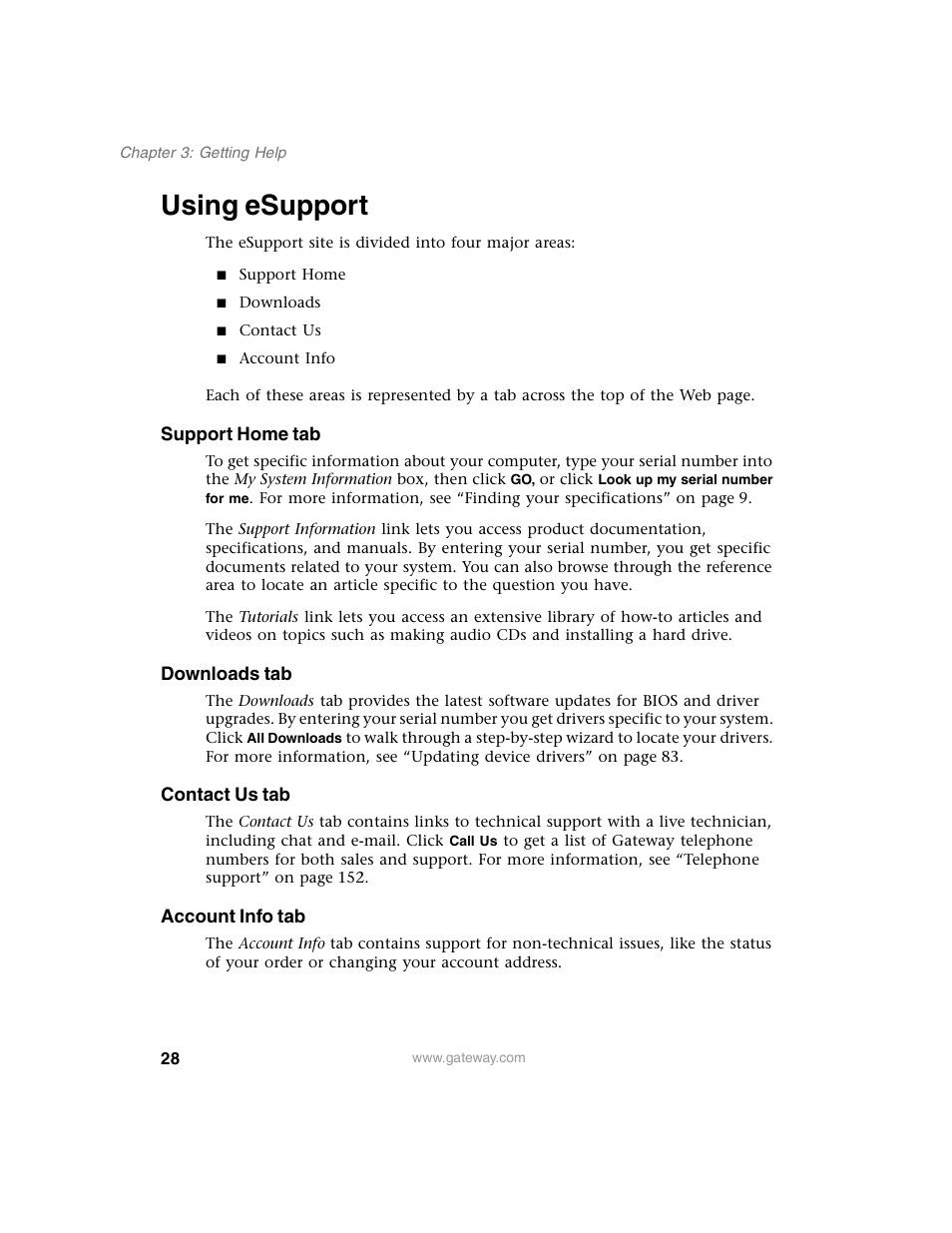 Using esupport | Gateway E SERIES E-6000 User Manual | Page 34 / 190