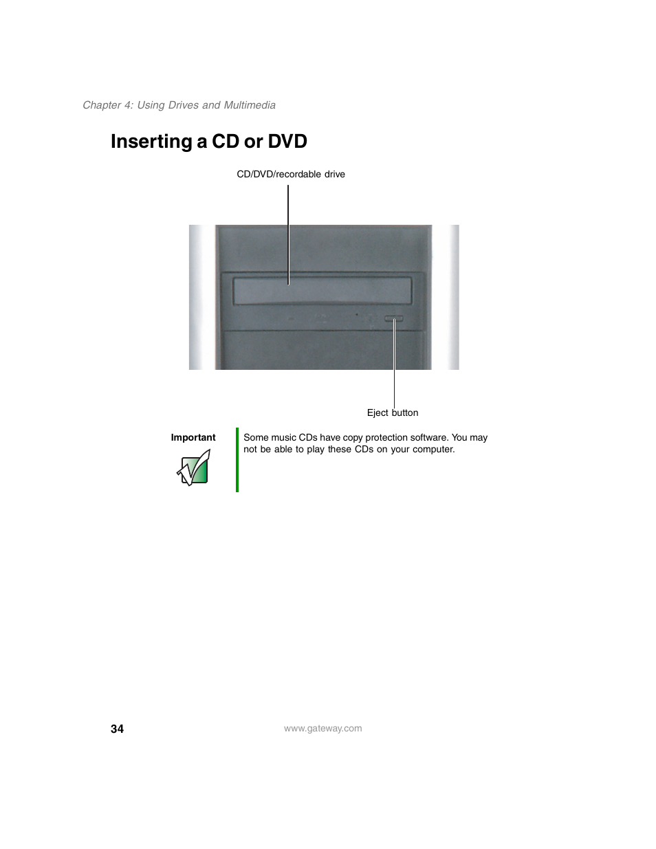 Inserting a cd or dvd | Gateway E SERIES E-6000 User Manual | Page 40 / 190