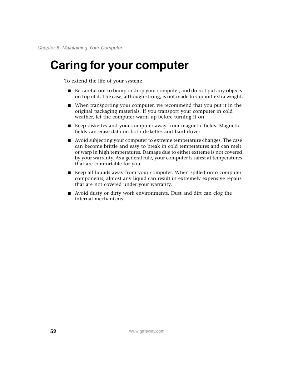 Caring for your computer | Gateway E SERIES E-6000 User Manual | Page 58 / 190