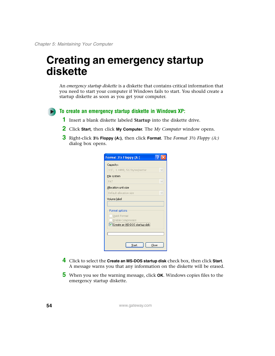 Creating an emergency startup diskette | Gateway E SERIES E-6000 User Manual | Page 60 / 190