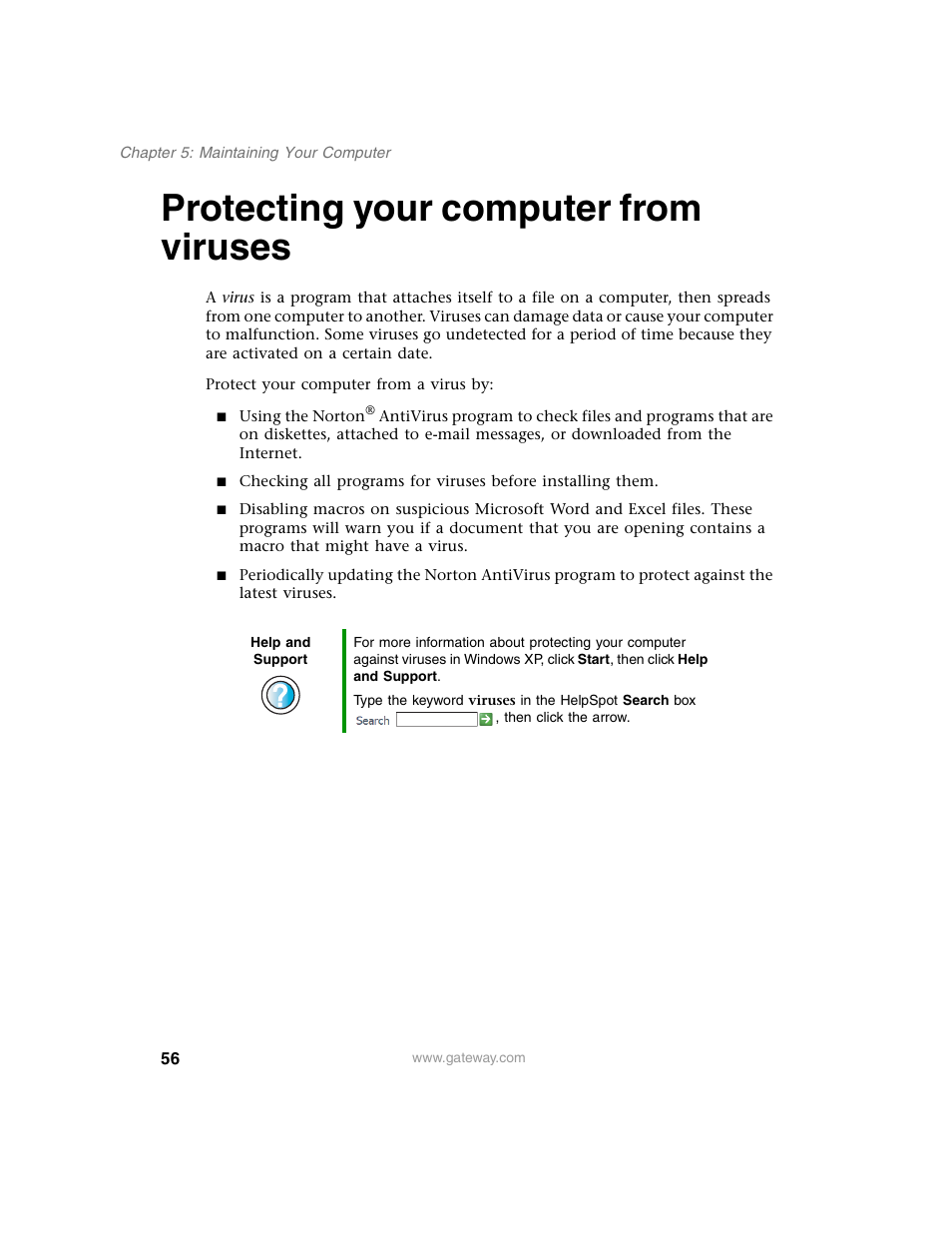 Protecting your computer from viruses | Gateway E SERIES E-6000 User Manual | Page 62 / 190