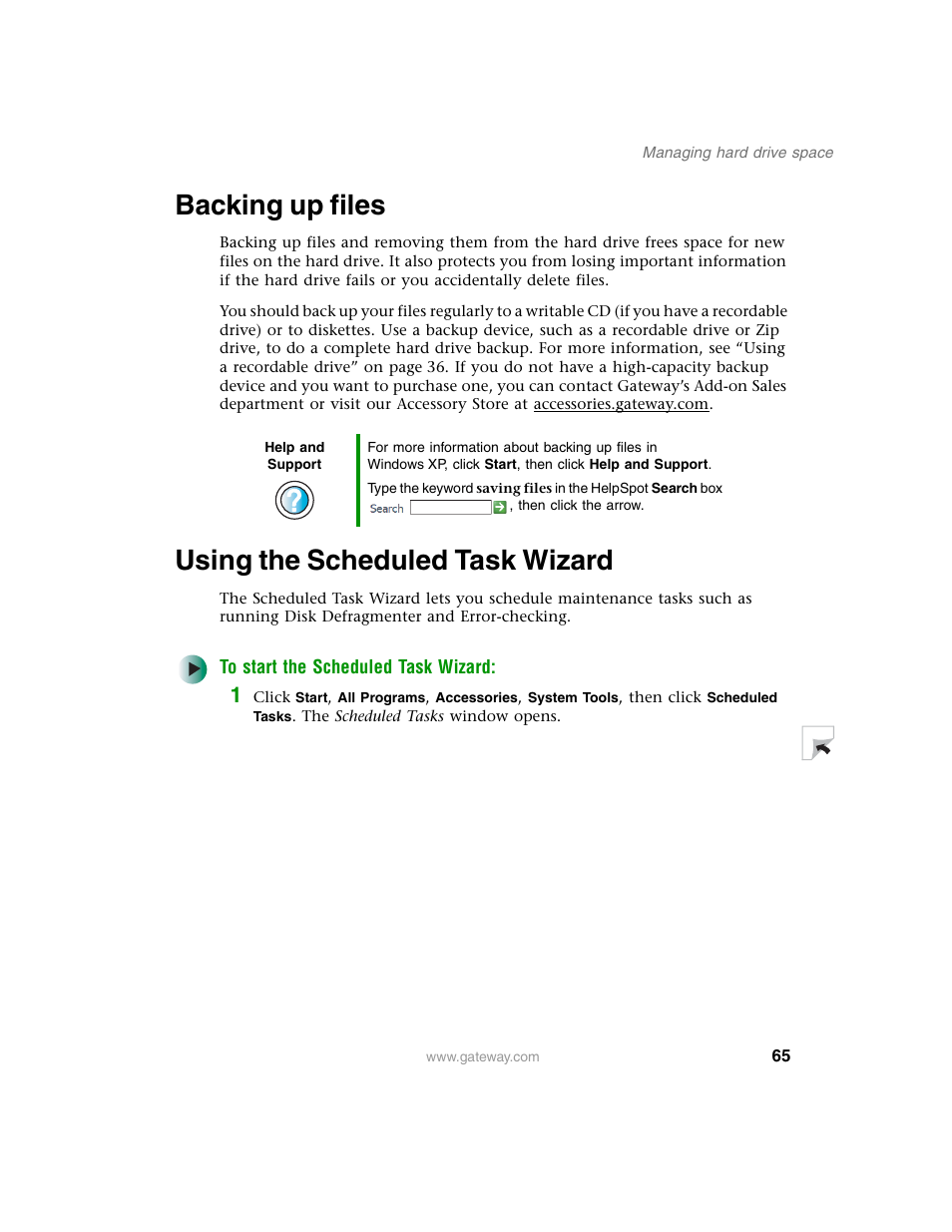 Backing up files, Using the scheduled task wizard, Backing up files using the scheduled task wizard | Gateway E SERIES E-6000 User Manual | Page 71 / 190