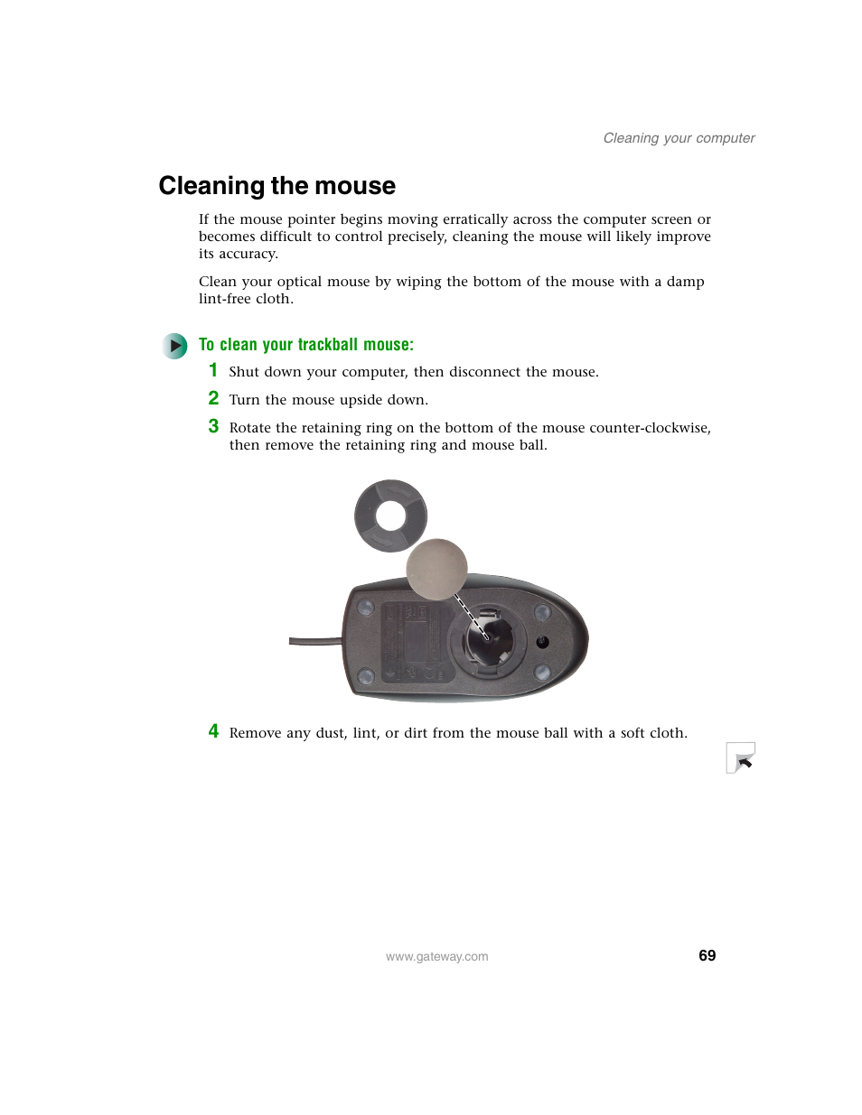 Cleaning the mouse | Gateway E SERIES E-6000 User Manual | Page 75 / 190