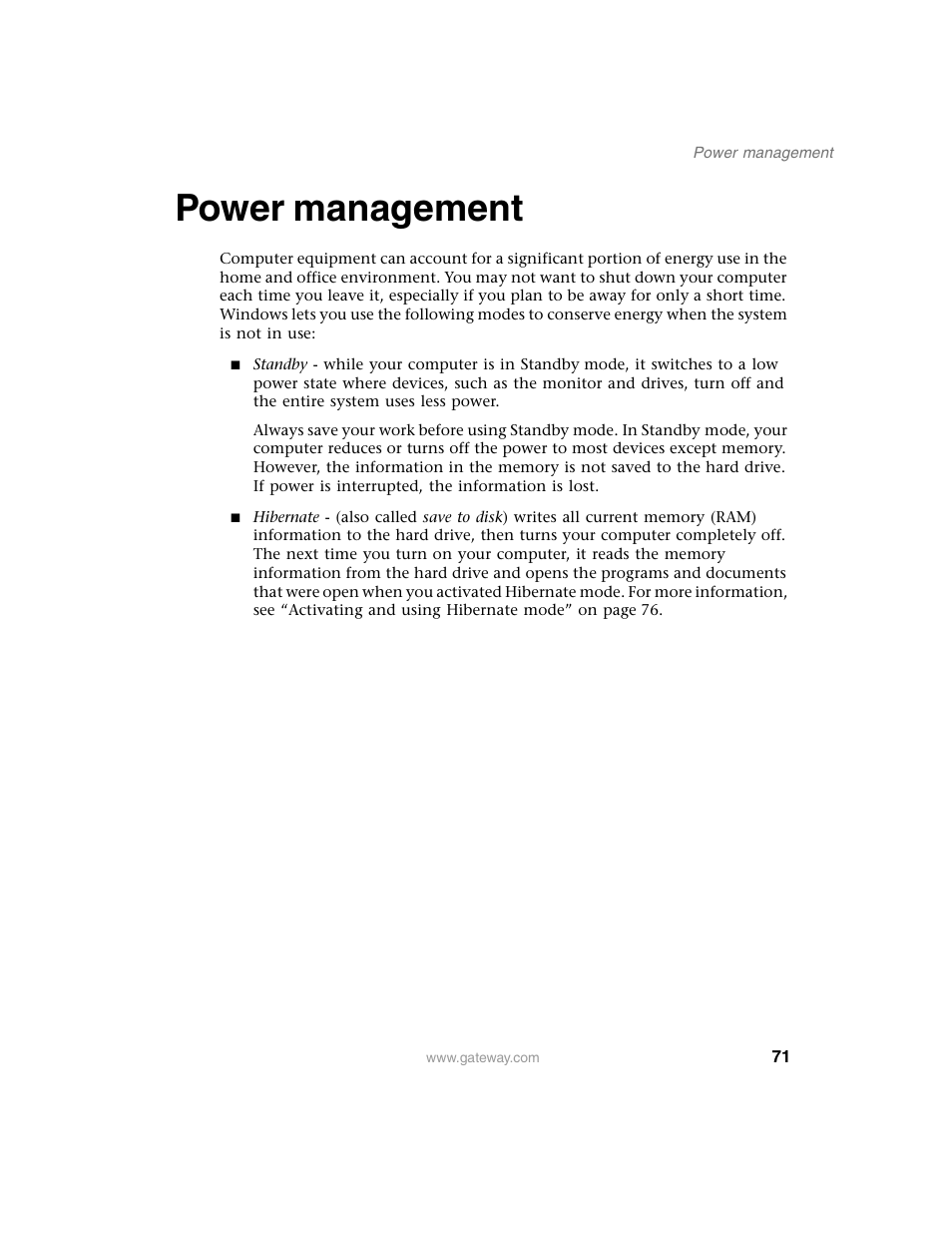 Power management | Gateway E SERIES E-6000 User Manual | Page 77 / 190