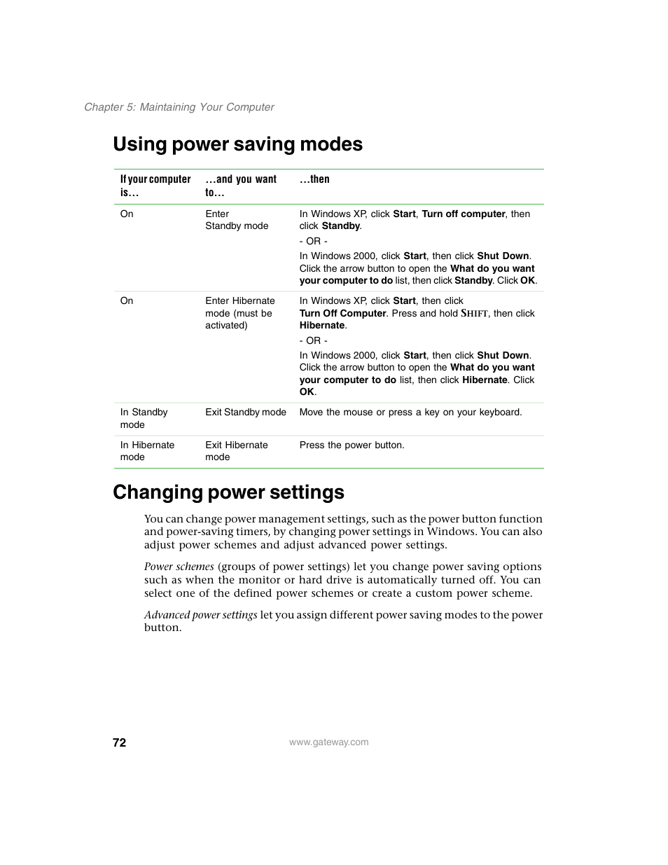 Using power saving modes, Changing power settings, Using power saving modes changing power settings | Gateway E SERIES E-6000 User Manual | Page 78 / 190