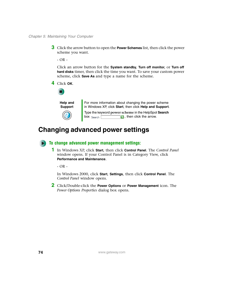 Changing advanced power settings | Gateway E SERIES E-6000 User Manual | Page 80 / 190