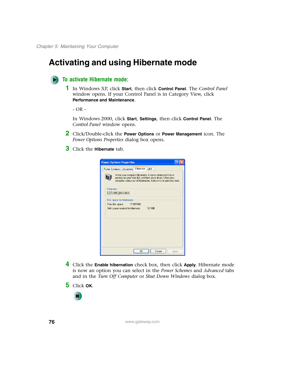 Activating and using hibernate mode | Gateway E SERIES E-6000 User Manual | Page 82 / 190