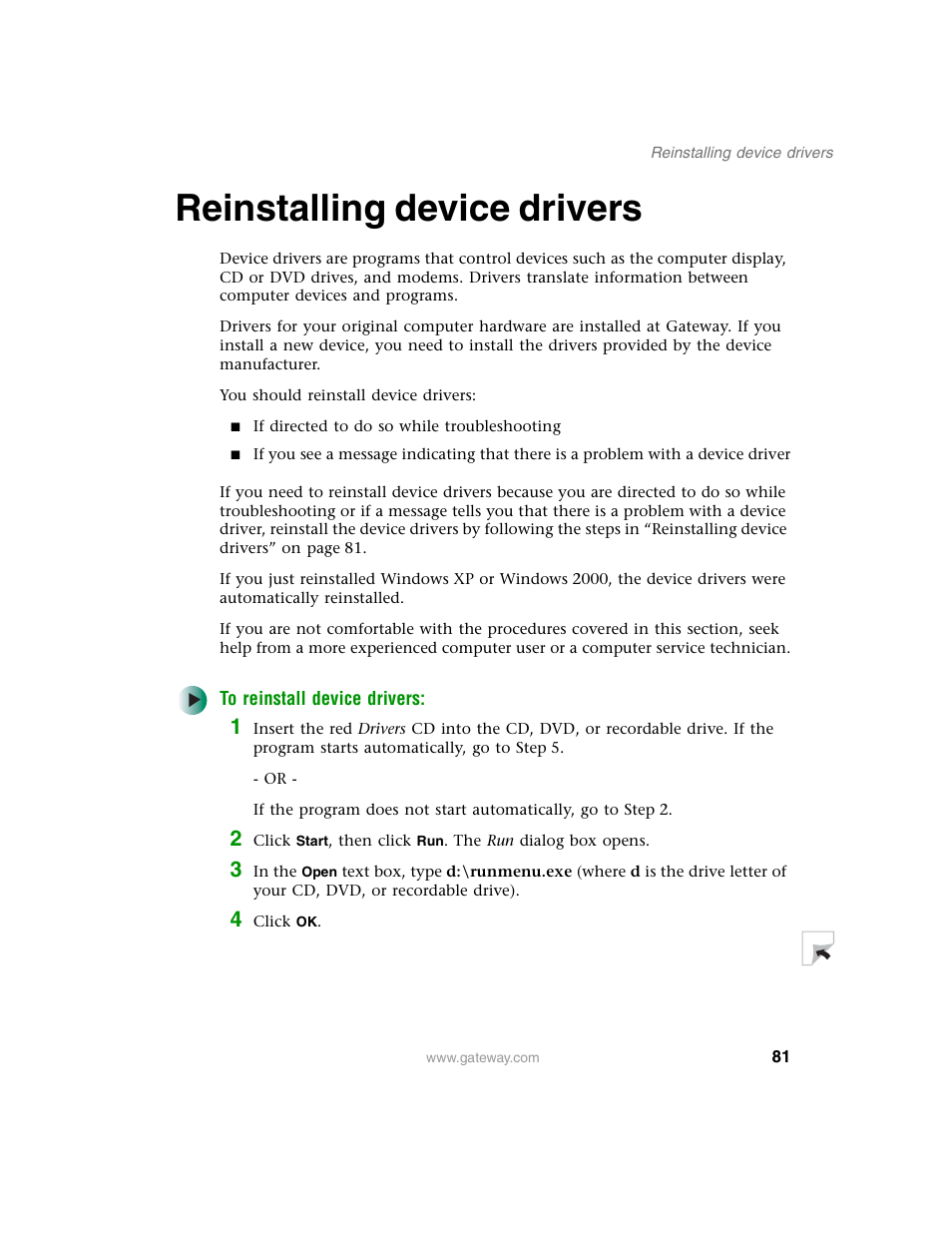 Reinstalling device drivers | Gateway E SERIES E-6000 User Manual | Page 87 / 190