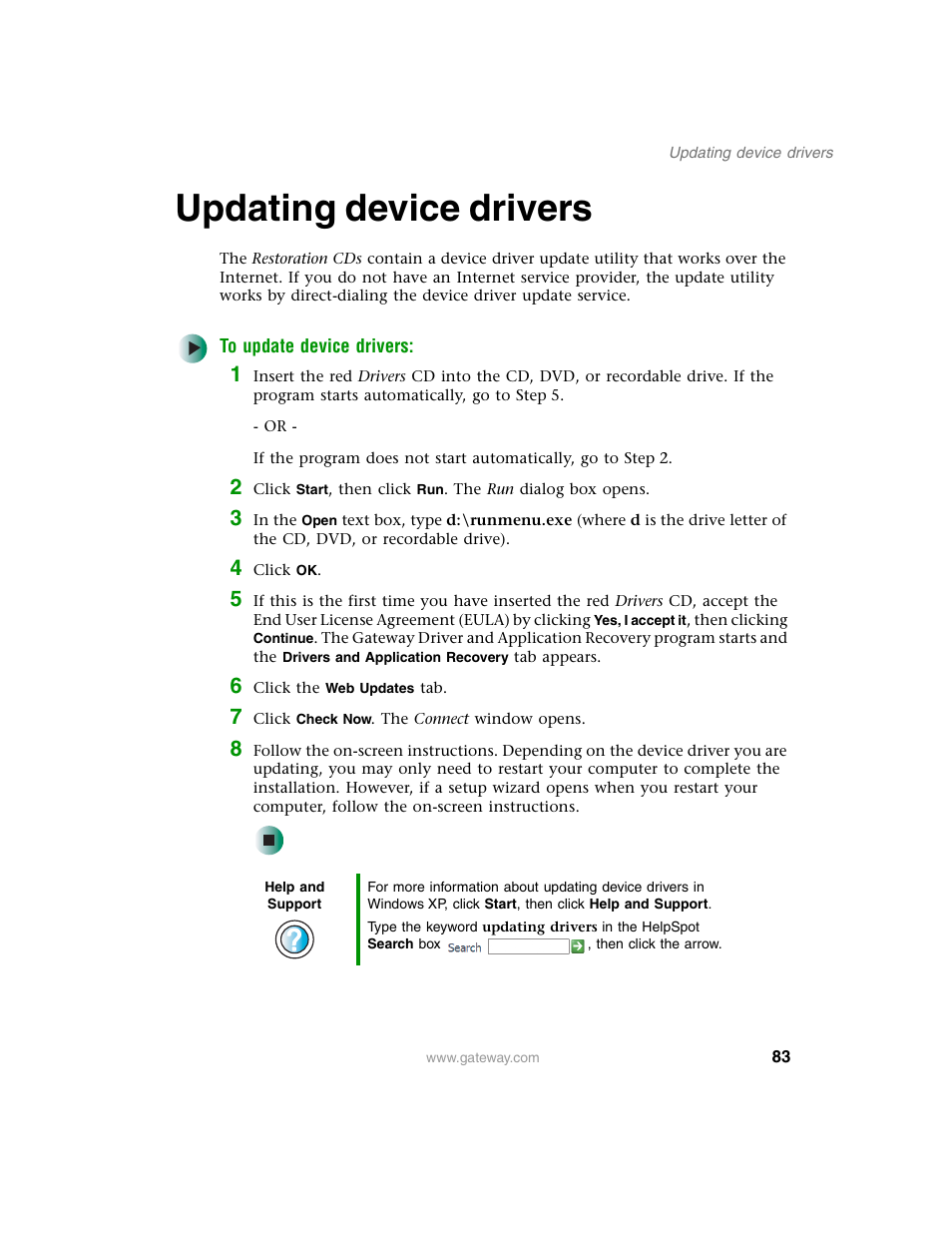 Updating device drivers | Gateway E SERIES E-6000 User Manual | Page 89 / 190