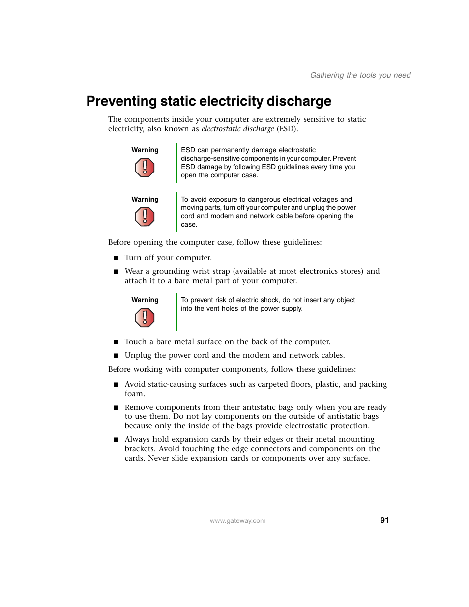 Preventing static electricity discharge | Gateway E SERIES E-6000 User Manual | Page 97 / 190