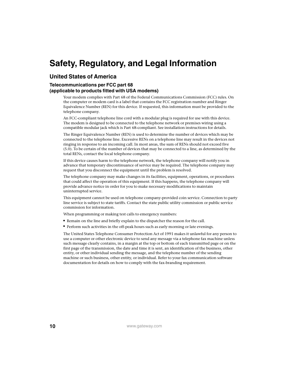 Safety, regulatory, and legal information, United states of america | Gateway PRMPH User Manual | Page 10 / 12